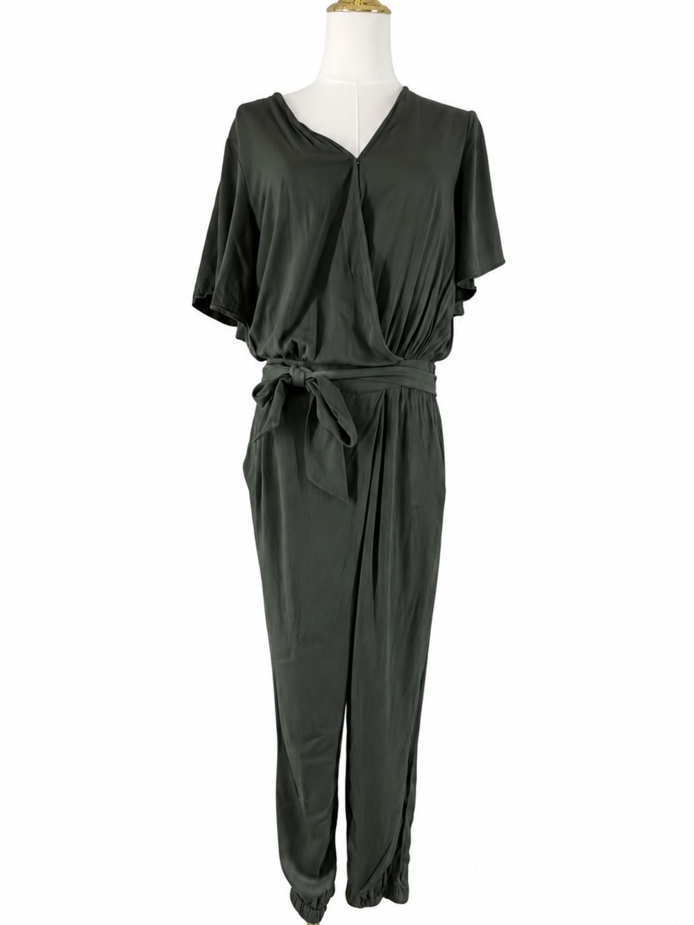 Mossimo Olive Green Wrap Jumpsuit Tie Waist Flutter Sleeve Size S